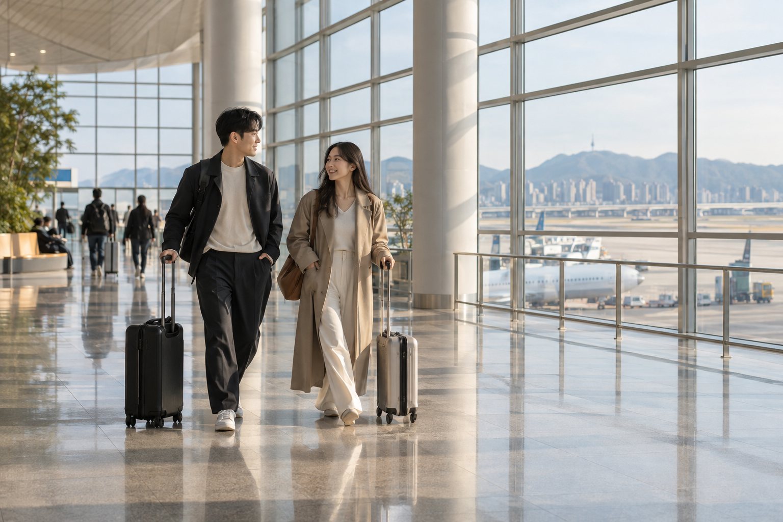 Travellers in an airport concourse, illustrative image