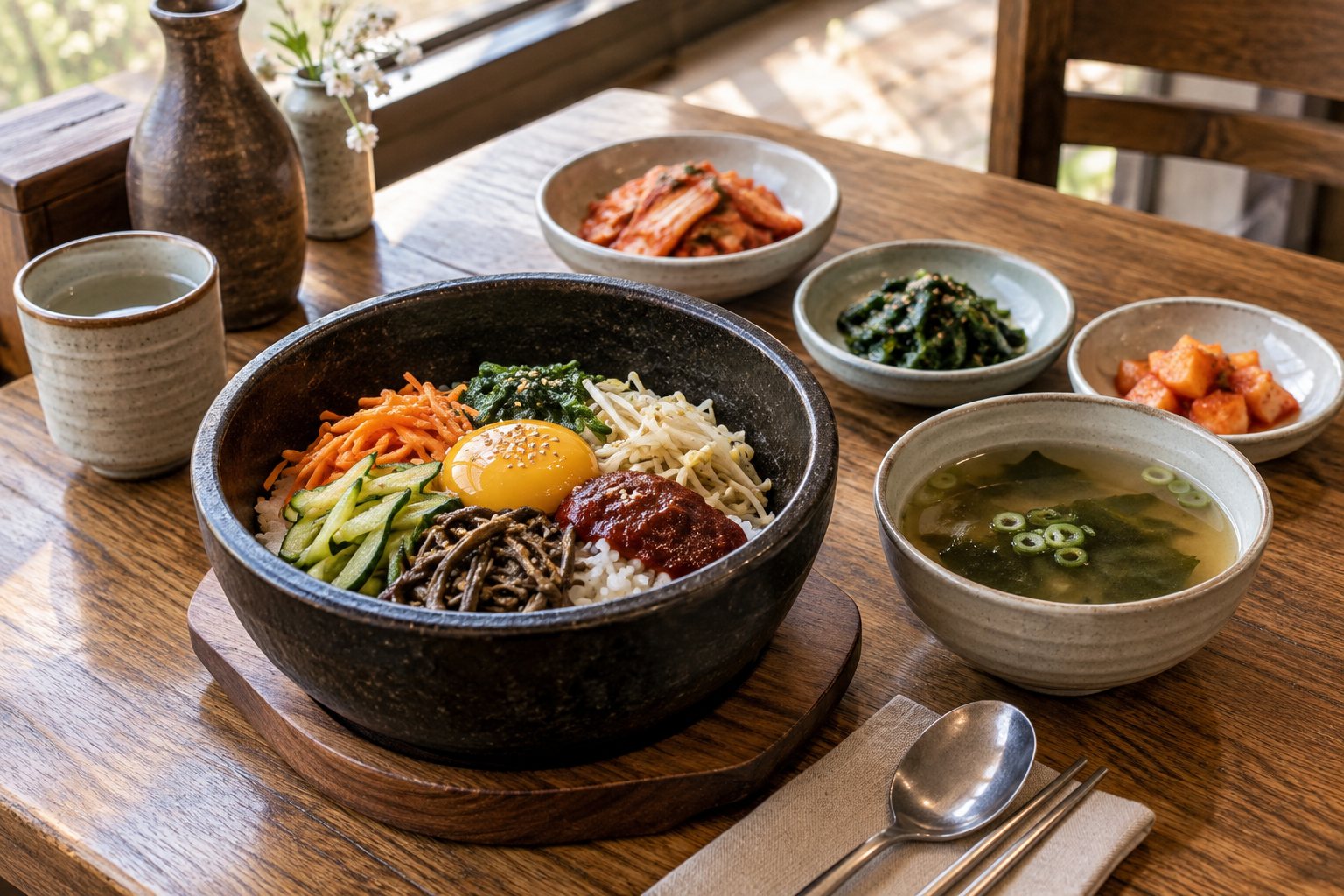 A Korean meal with side dishes, illustrative image