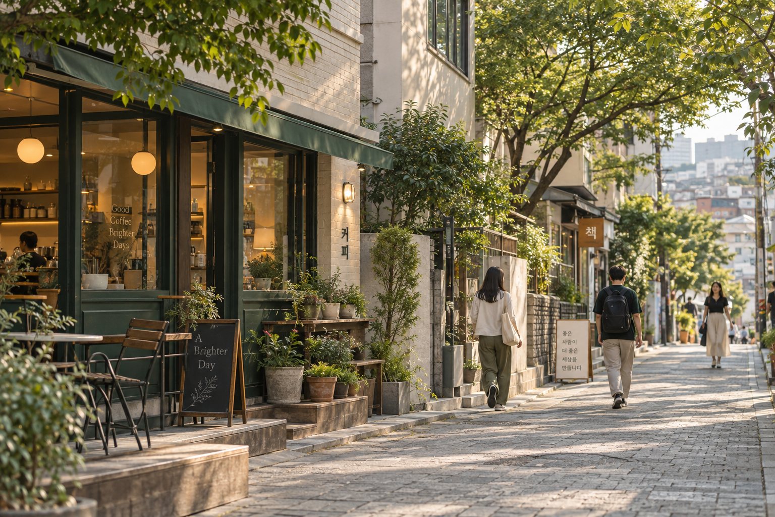 A leafy neighbourhood cafe street, illustrative image